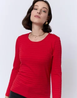 T-Shirt manches longues en mélange coton uni ROUGE Femme