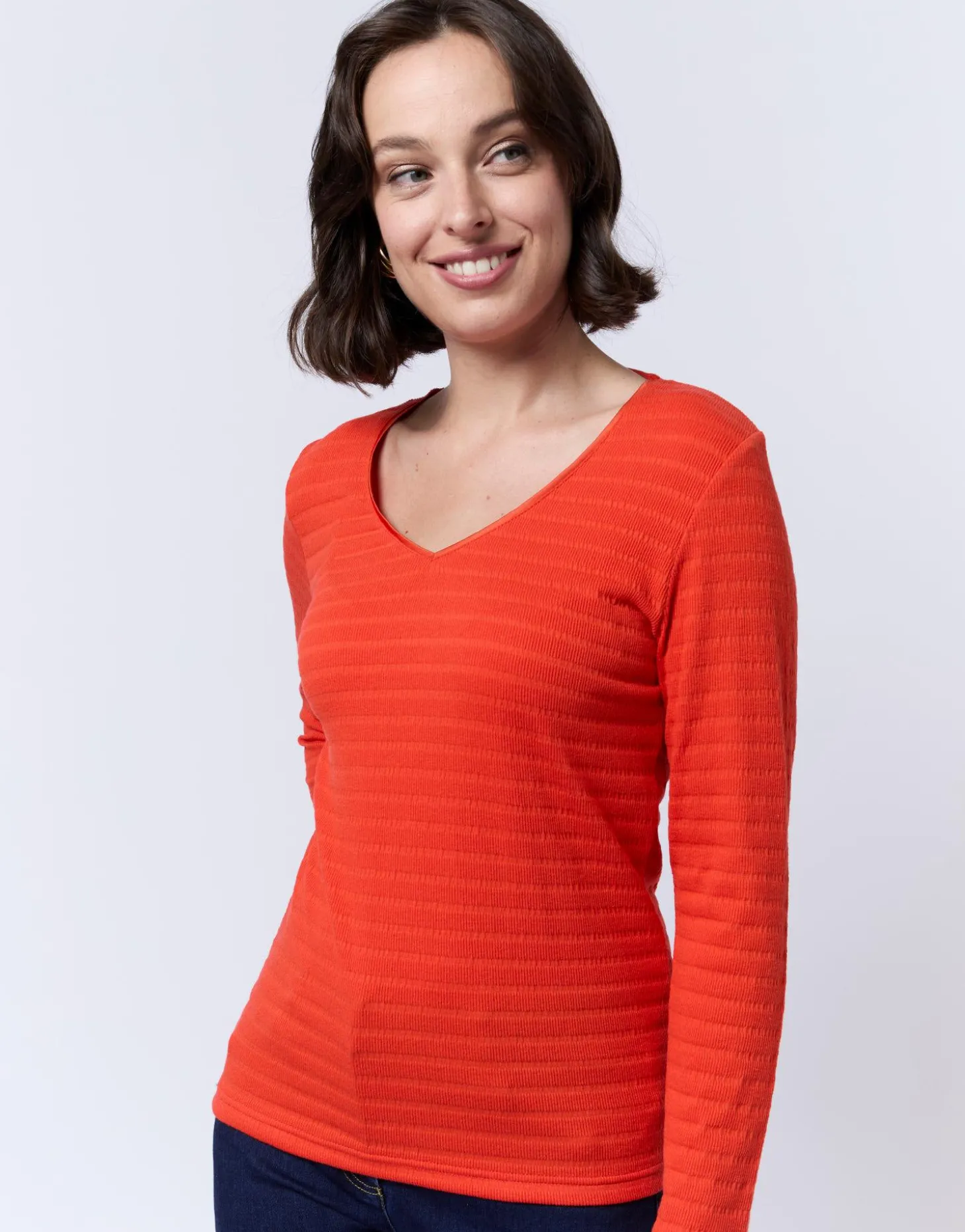 T-Shirt manches longues en mélange coton uni ORANGE Femme