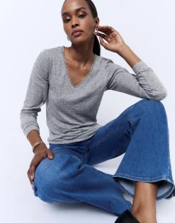 T-Shirt manches longues uni GRIS Femme