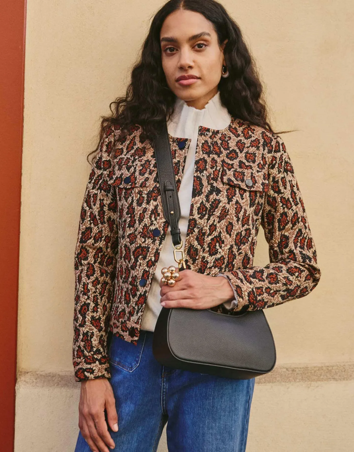 Veste courte en jacquard imprimé léopard BEIGE Femme
